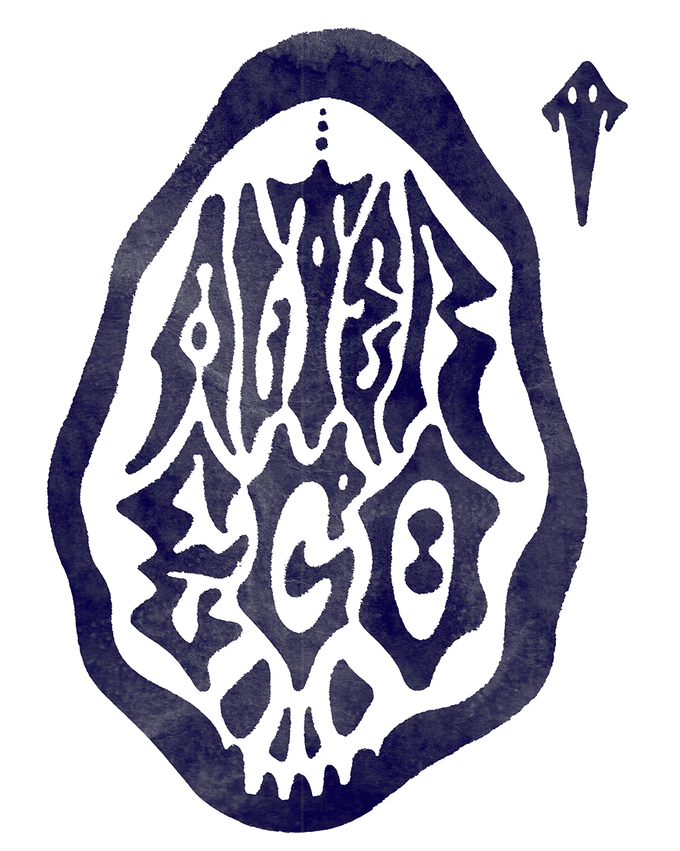 Lettering piece, textured red on white background, showing a skull with an enormous forehead and the words alter ego written on the skull, the letters are like a mix of art nouveau and hard rock kind of vibe, with lots of turns and corners and organic shapes.