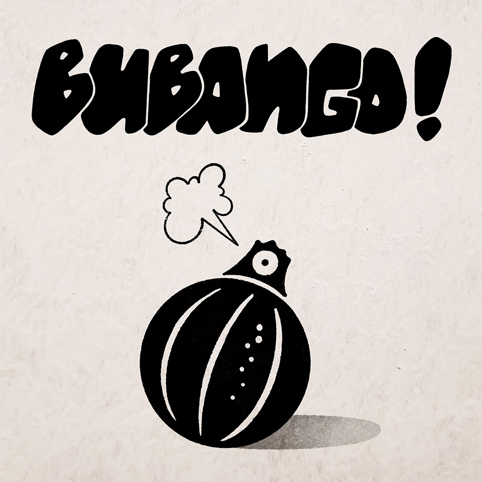 A black and white lettering piece and illustration depicting the word Bubango in all caps rendered in graffiti style with overlaping letters over a round object which is a mix between a bubango or Canarian courgette and a graffiti spray can.