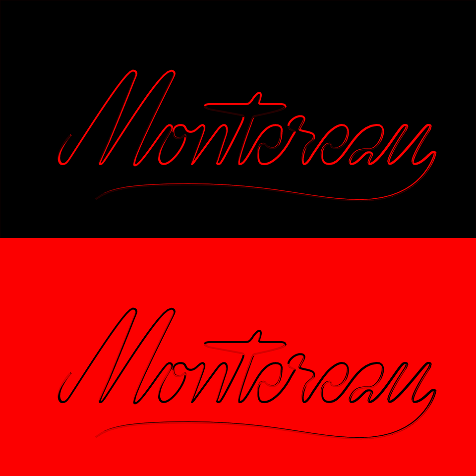 Calligraphic lettering piece displaying the word Montereau in a single line way, like a rope was torn in order to write the word. The rendering of the letters looks like they have volume, the lettering is repeated twice vertically, once with red letters on black background and the second time with black letters on red background.