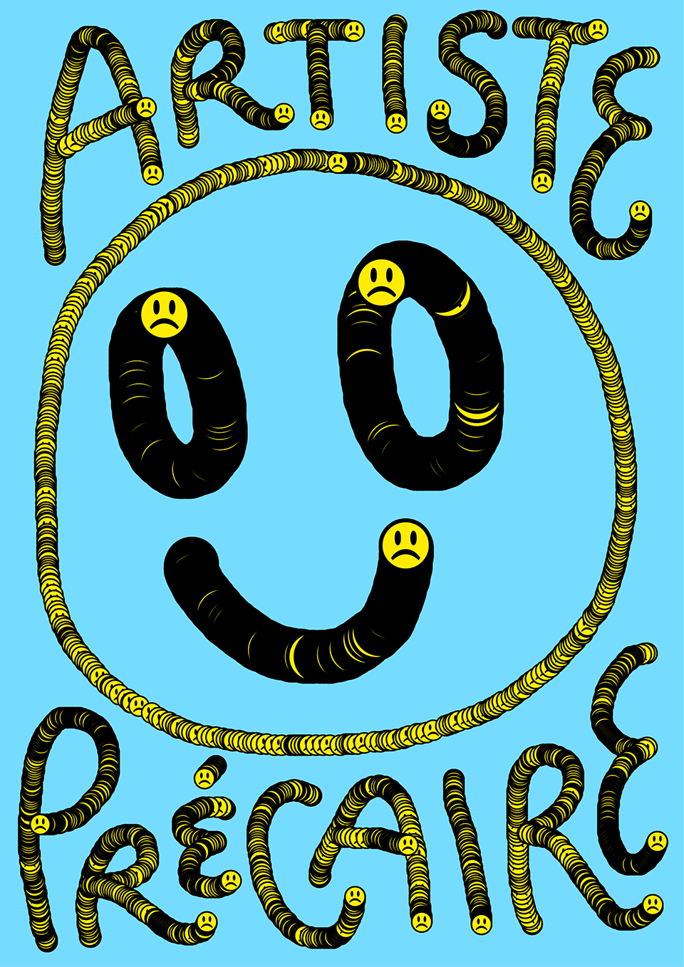 A digital picture made in Processing showing a smiley face on a blue background, the smiley face is formed of dozens of smaller, yellow sad emoji faces. The text artiste précaire (artist with unstable job) is written above and below the big smiley face and is formed of sad yellow emojis too