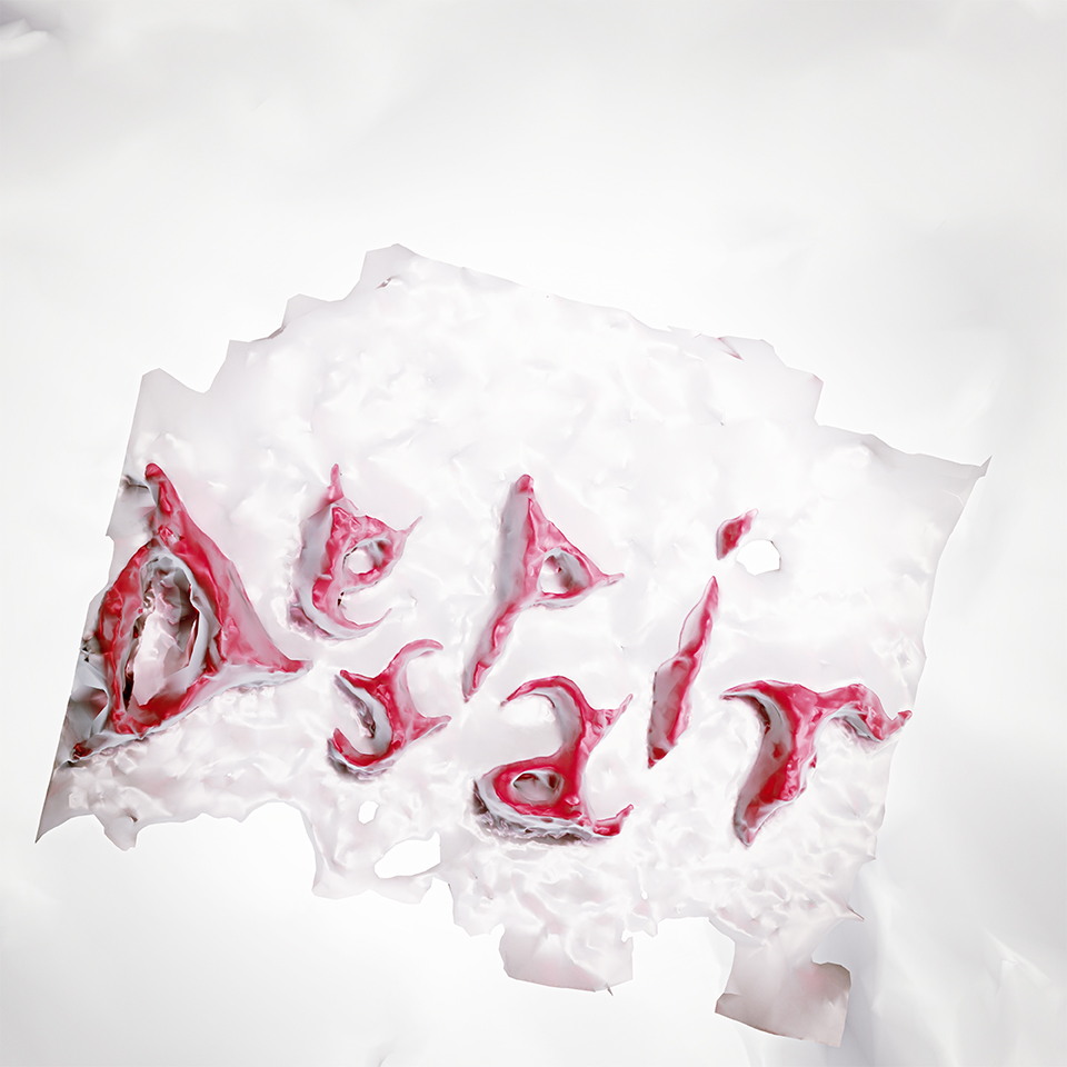 Lettering piece made of red 3D letters which look very spiky and almost medieval and that are treated with a heavy and hazy metallic sheen. The letters spell out the word Despair and are placed on what looks like a ragged scrap of metal against a textured white background.