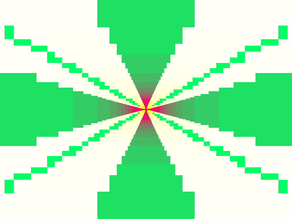 A computer-generated picture showing a white, green, yellow and red geometrical composition made of several kinds of superposed rectangles converging towards the mathematical center of the picture, some of the colours forming gradients and creating a sense of depth. It vaguely ressembles the Union Jack flag.
