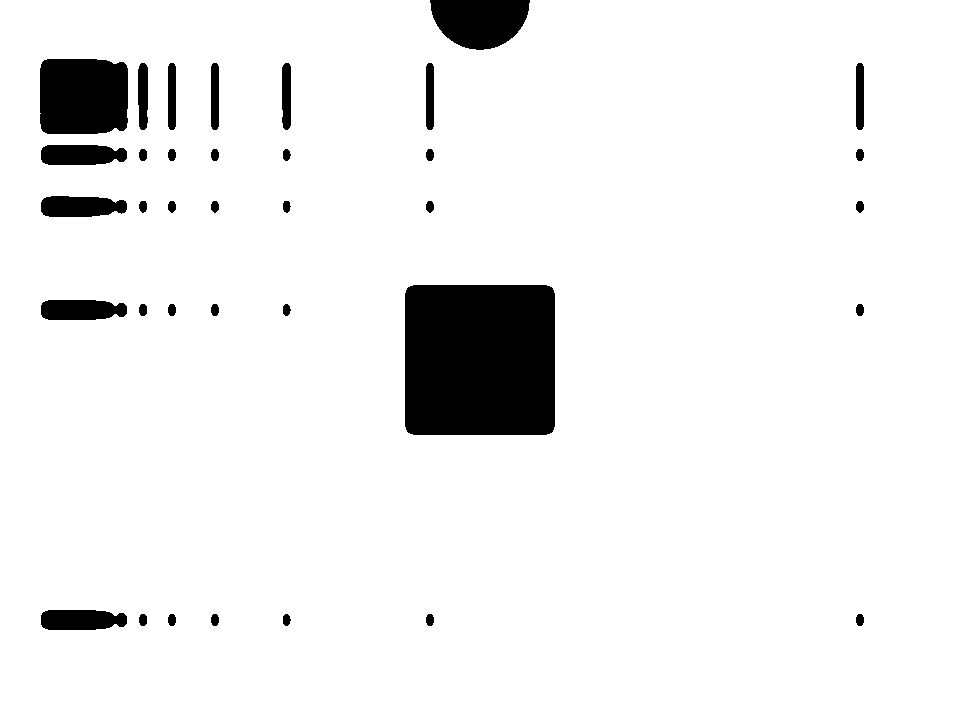 A black and white short animation showing a loose array of rounded rectangular shapes and a central rounded square, a round black ball appears from the top of the screen and slides towards the bottom, every time it passes close to another shape it kind of melts into it. The second time the animation loops, the outline of the ball is looser as if it had turned into a viscous liquid, leaving a trail behind and longer threads with other objects.