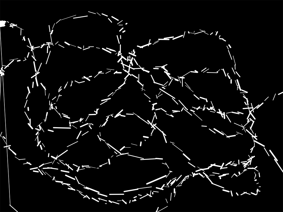 Digital picture, a series of white lines of varying stroke width and direction forming a chaotic trail on a black background, that could evoke wind currents.