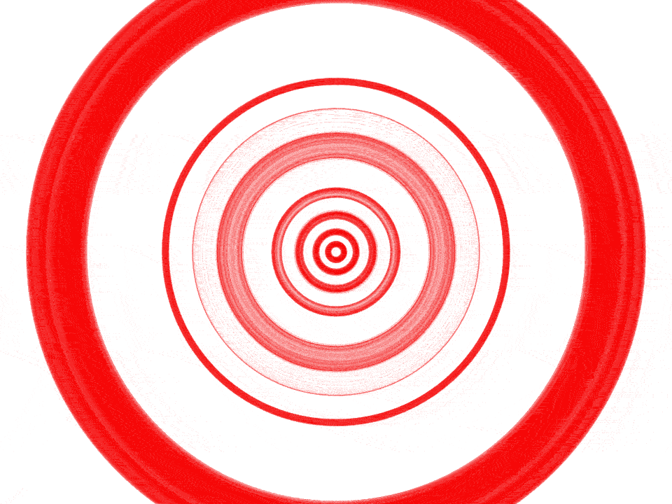 An animation of alternating concentric circle shapes on a white background, the circles are made of superposed thin strokes and they create different gradients and fills, ressembling the shape of an eye.