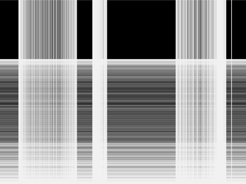 A generative picture made in Processing showing a minimal landscape made only of ultra thin clear lines on a pitch black background, the landscape looks like the sea's horizon line and in front of it three vertical structures resembling bamboo stems or high rise buildings are standing.