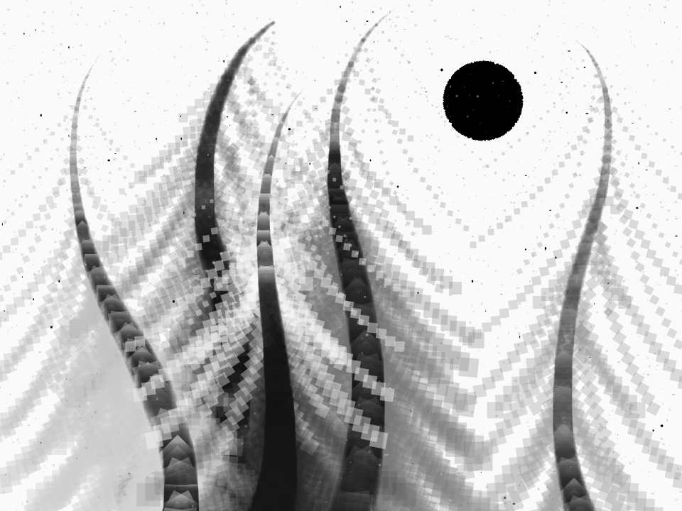 Digital drawing, a black and white picture that looks like a closeup of hair, with curving dark filaments gracefully flowing in the wind. Each filament has a series of curved translucent lines coming out from each side, looking like the branches of a coniferous tree. The background is pale white and is dotted with black specks, looking like a negative picture of the night sky. A black sun, or rather a moon, is seen on the right side of the composition.