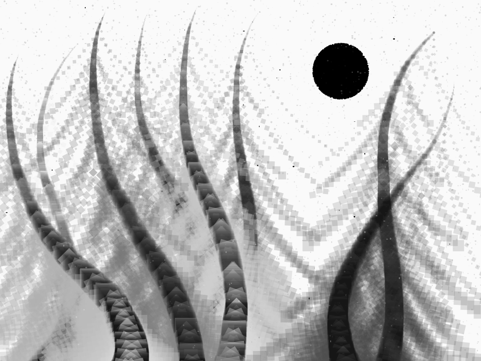 Digital drawing, another black and white picture that looks like a closeup of hair.