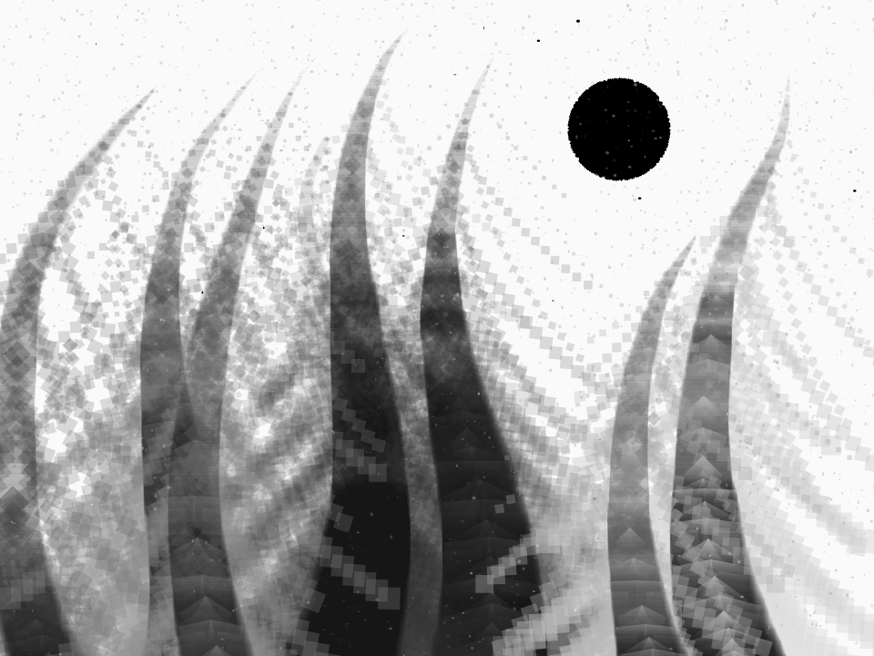 Digital drawing, another black and white picture that looks like a closeup of hair, or a series of dark tentacles wrigling underwater (filaments are thicker than in the previous two pictures).