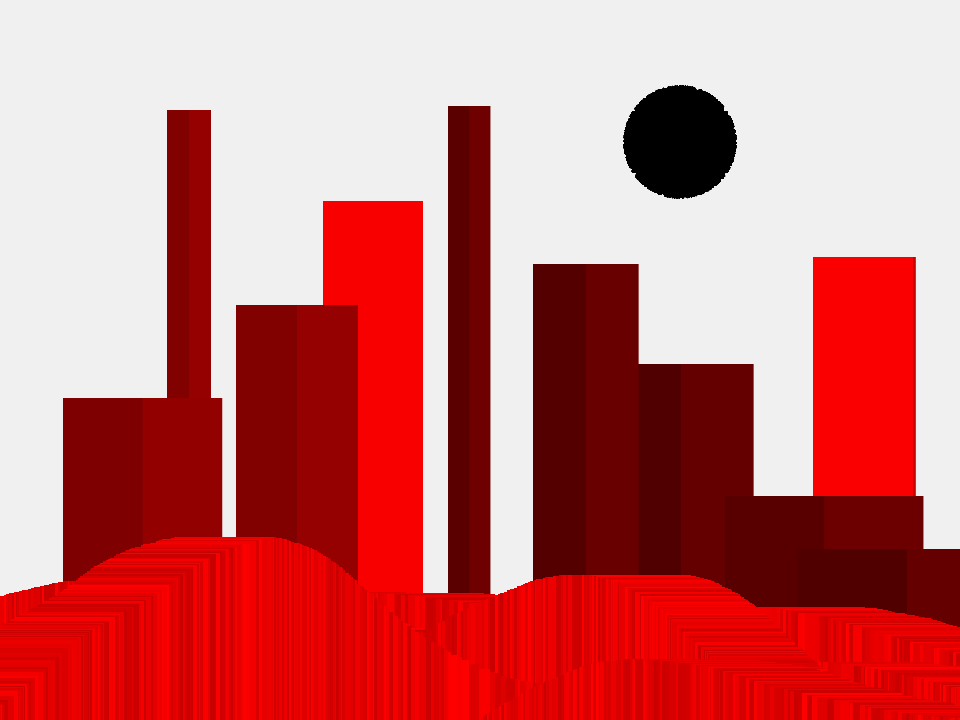 Digital geometric drawing, a landscape with buildings in various intense red to dark red tones, some of them are very high and narrow, others are wider and lower. The background consists of a black sun on a pale grey sky. The foreground shows a glitchy-looking hill of which the intense red tones match the ones on some of the highest buildings.