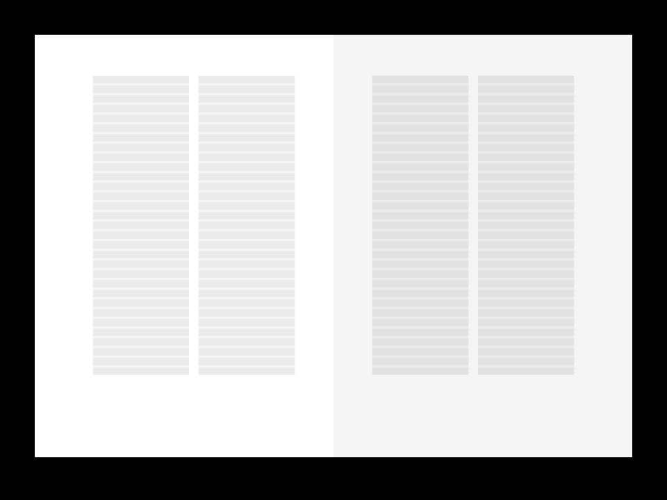A very simple black and white diagram showing the layout of the B42 Bible as a series of rectangles, a double page spread is shown with a text area per folio which is surrounded by a large margin and divided in two columns. The text area comprises exactly 42 lines represented by rectangles.