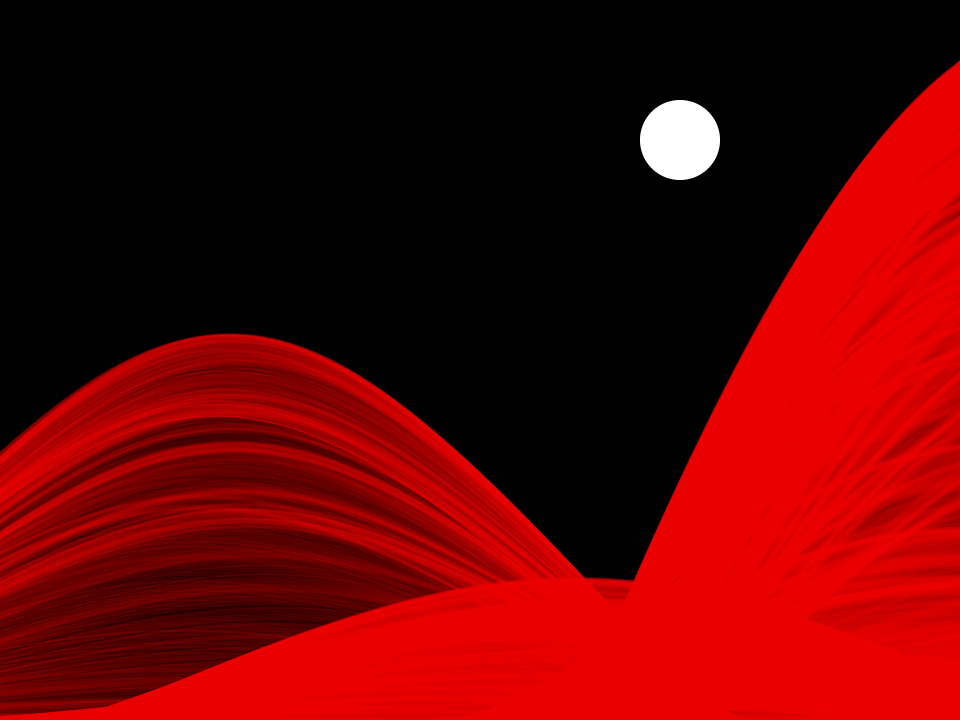 A computer generated landscape with a pitch black background and three round hills on the foreground, the hills look like they're made of light and translucent, a bit ethereal. On the upper right side of the picture there's a simple white circle that represents the moon.