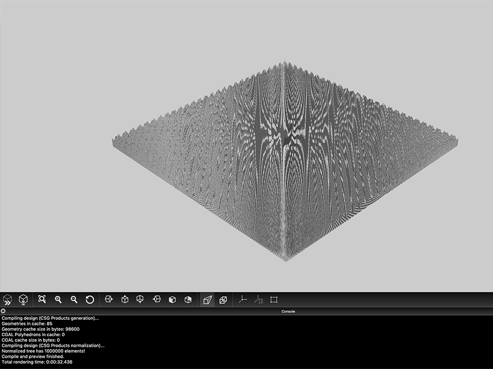 A screen capture of the preview window of 3D software OpenSCAD showing a plane (in normal projection) formed of one million tightly packed narrow cylinders. Cylinders are so close together that they form moiré patterns when the graphic engine tries to render them accurately. On the bottom of the screen, some technical information about the model is displayed, including the line: Normalized tree has 1000000 elements!.
