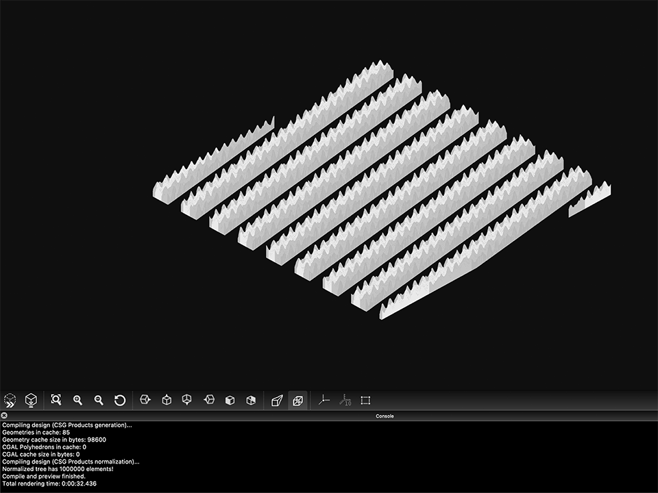 A screen capture of the preview window of 3D software OpenSCAD showing a plane in oblique projection formed of one million tightly packed narrow cylinders. Cylinders in this perspective are shown forming lines of which the upper edges are ridged due to the cosine function applied to their height variation. On the bottom of the screen, some technical information about the model is displayed, including the line: Normalized tree has 1000000 elements!.