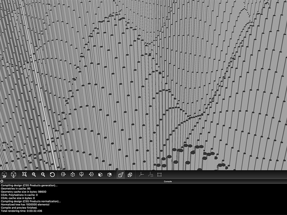 A black and white close-up of a structure formed by a great quantity of tightly packed narrow cylinders, displayed in the preview window of 3D software OpenSCAD. The heights of the cylinders follow a cosine curve which makes the aggregation of them to look like steep mountaintops.