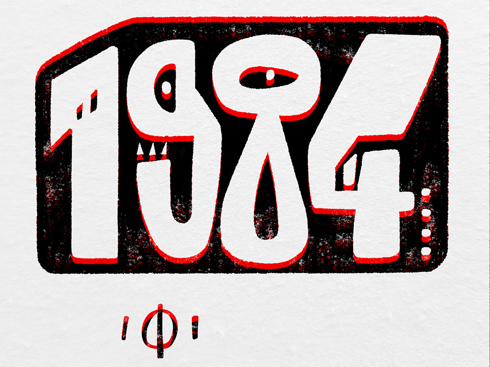 Weird numbers with teeth and eyes form the year 1984 in red and black, also a sign looking like the number 101 is present.