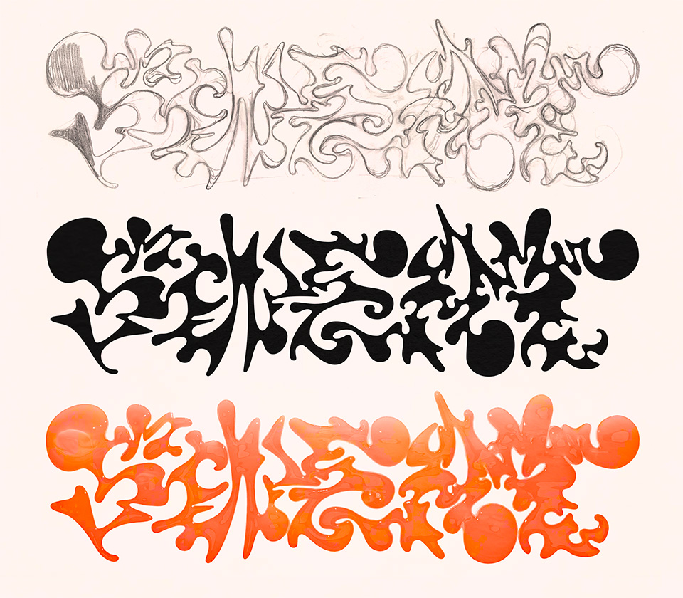Process picture of digital graffiti piece showing a pencil sketch above, a vector tracing of the lettering piece in the middle and an orange 3D render of the letters. The lettering piece says 'Sweat' through convoluted and bulbous letter shapes.