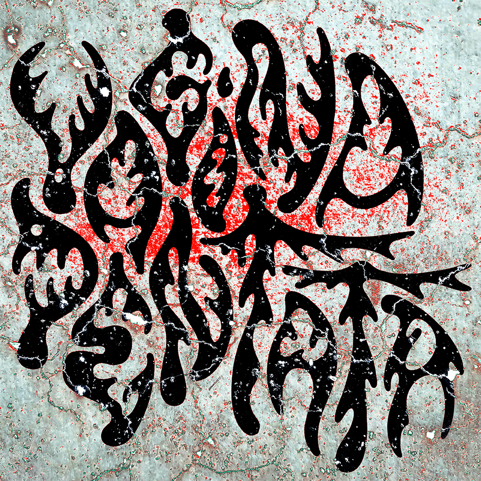 The words Vagina Dentata shown as an experimental lettering piece with lots of branches and teeth, some letters look like inky caps mushrooms while others look like shark heads or Venus fly traps. The letters look very organic and are spread across the square background taking most of the available space. There are cracks and spilt blood on the floor. It's very violent.