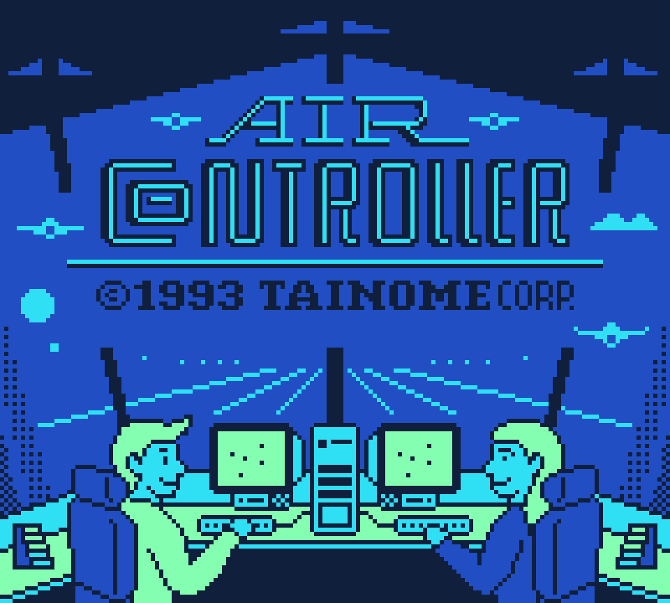 Cover screen for an imaginary air traffic control game for the Game Boy console showing the view from an air control cabin in the background with lanes and flying planes. In the foreground, two male and female presenting air controllers are sitting on desk chairs, facing twin screens and keyboards. On the sides of the picture you can see two display stands with flight progress strips.