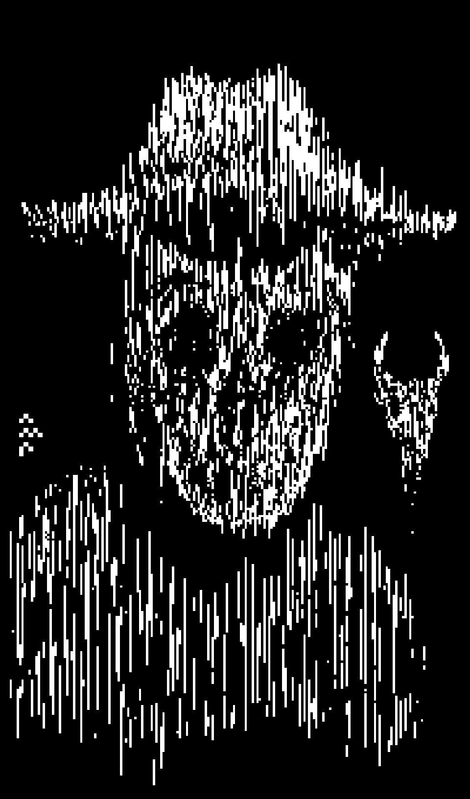 1 bit black and white pixel art picture of a skeleton like cowboy with a cowboy hat, a ghostly cow skull is standing next to him. He's smiling through his dead teeth.