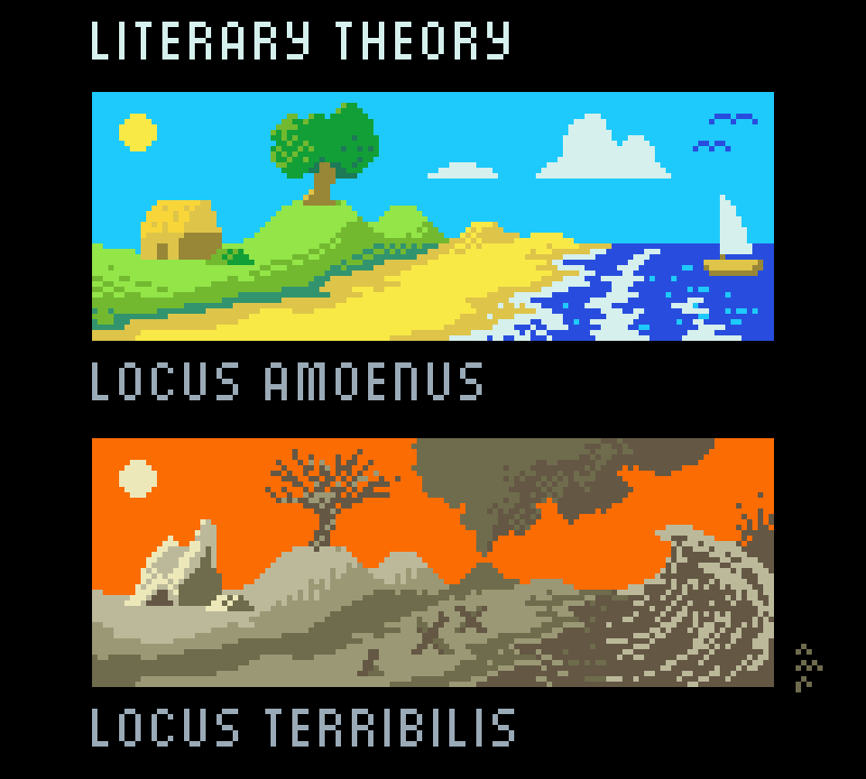 A diagram with a black background, over which two low pixel landscape pictures are represented. The first one, labeled 'Locus Amoenus', depicts an idyllic seaside scene with a little house and a tree overlooking a beach and a calm sea, the sky is blue and sunny and there's a boat in the horizon. The second landscape, however, is labeled 'Locus Horribilis' and shows us a warlike version of the previous landscape, where the house has been substituted by a ruin, the tree is dead, there are Czech hedgehogs on the beach, the sky is blood red and the sea is full of enormous waves. The diagram is titled 'Literary Theory'.