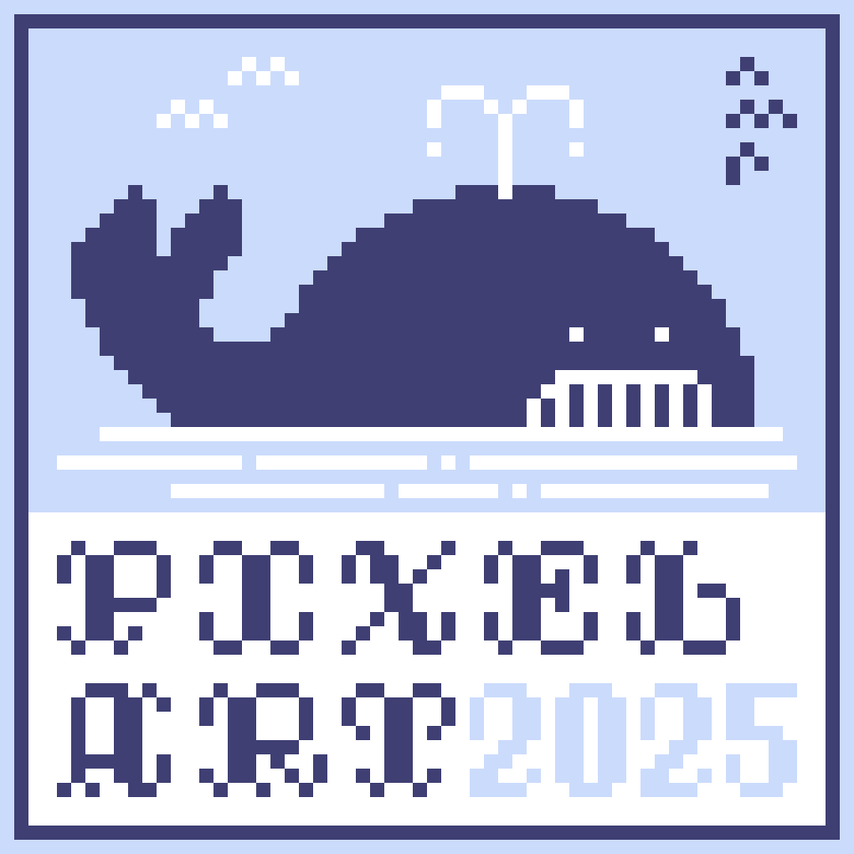 Pixel art illustration of a whale in the sea, with the title 'PIXEL ART 2025' in a pixel lettering style similar to emboroidered letters.
