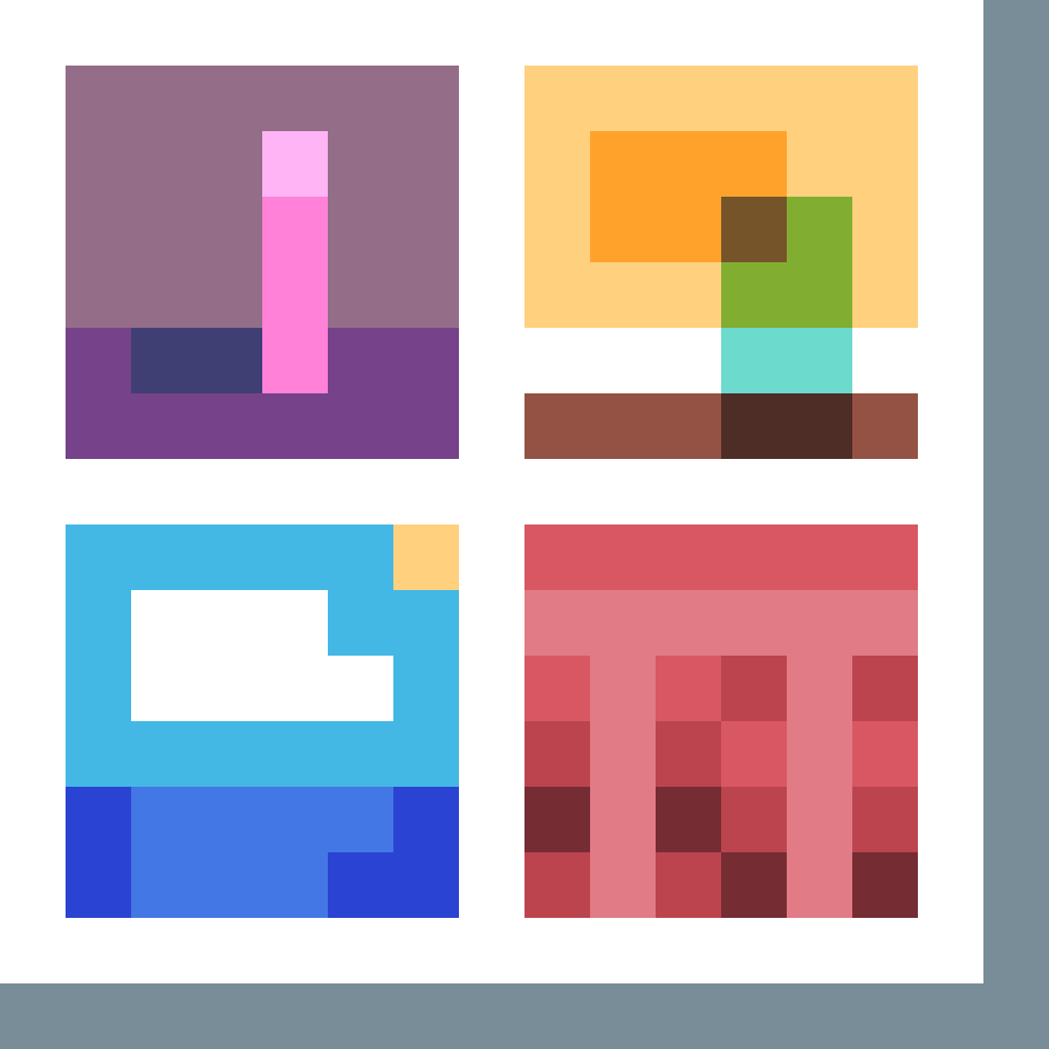 A series of four minimalistic images showing a pink block projecting a shadow, a series of translucent looking materials stocked on top of each other, a cloud reflecting on the ocean with a sun in the corner and a series of pink checkered blocks on a light pink surface. There's a grey edge on the right and bottom of the general picture.